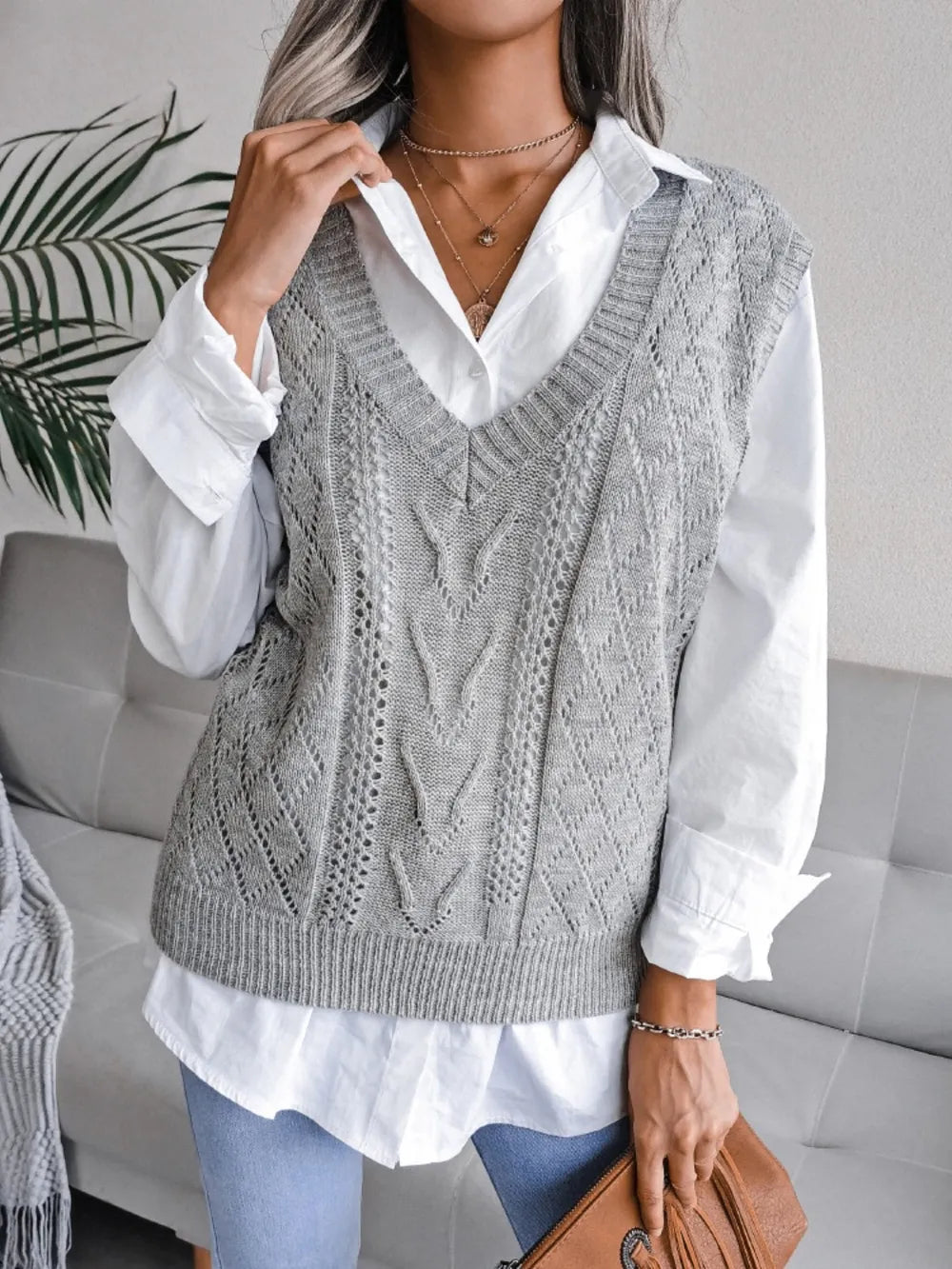 Openwork V-Neck Sweater Vest nicholesgifts