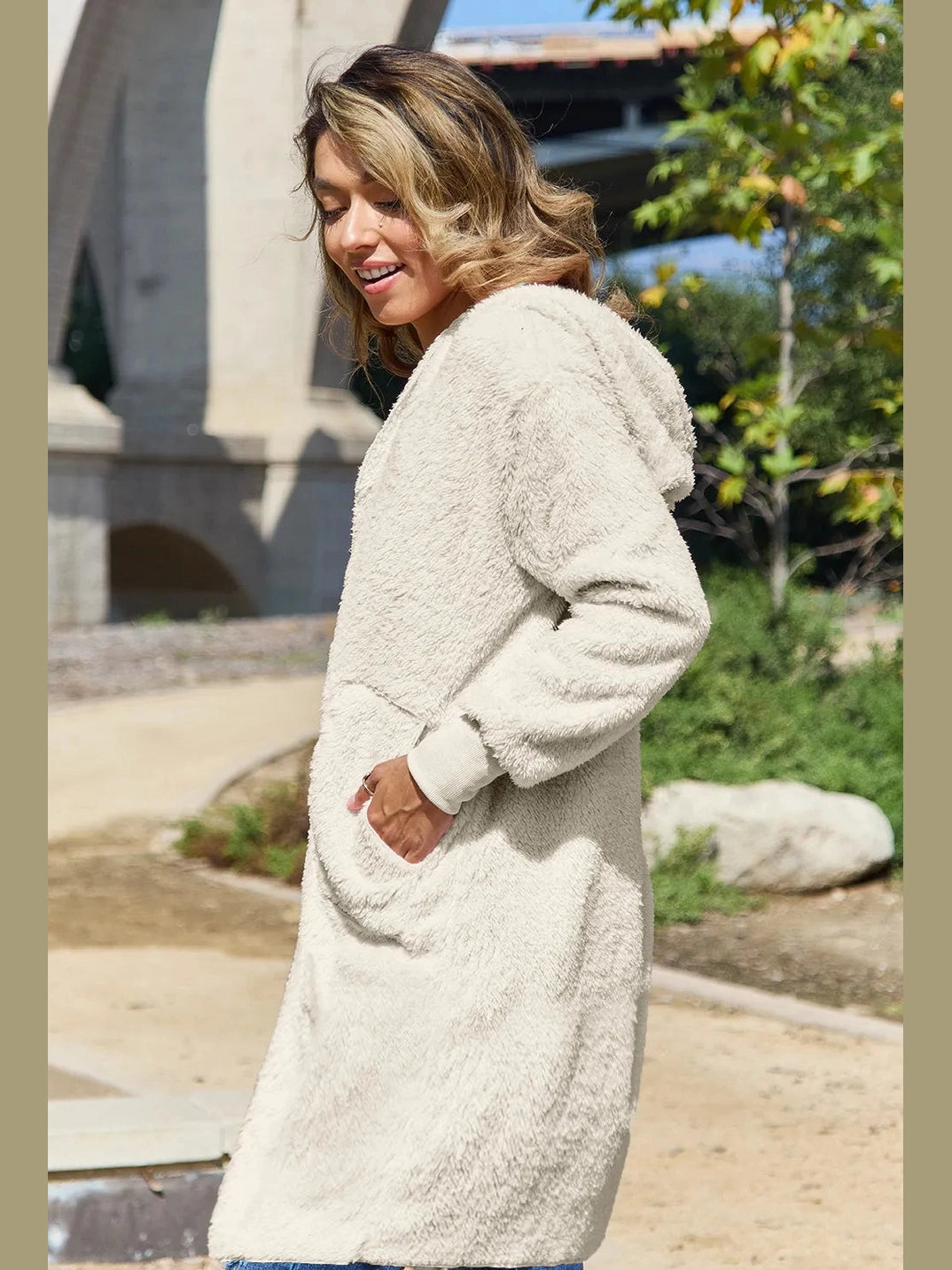 Double Take Full Size Hooded Teddy Bear Jacket with Thumbholes nicholesgifts