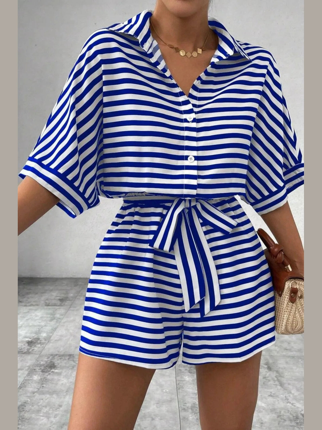 Striped Collared Neck Tie Waist Romper nicholesgifts