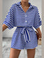 Striped Collared Neck Tie Waist Romper nicholesgifts