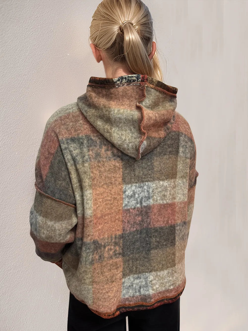 Double Take Full Size Plaid Dropped Shoulder Fleece Hoodie Trendsi