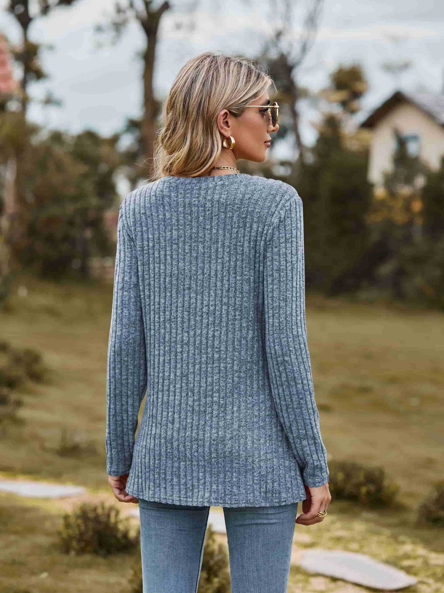 Ribbed Round Neck Long Sleeve Tee NicholesGifts