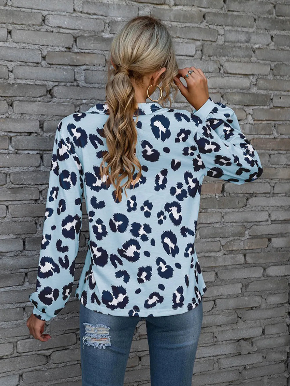 Leopard V-Neck Decorative Button Long Sleeve Blouse NicholesGifts