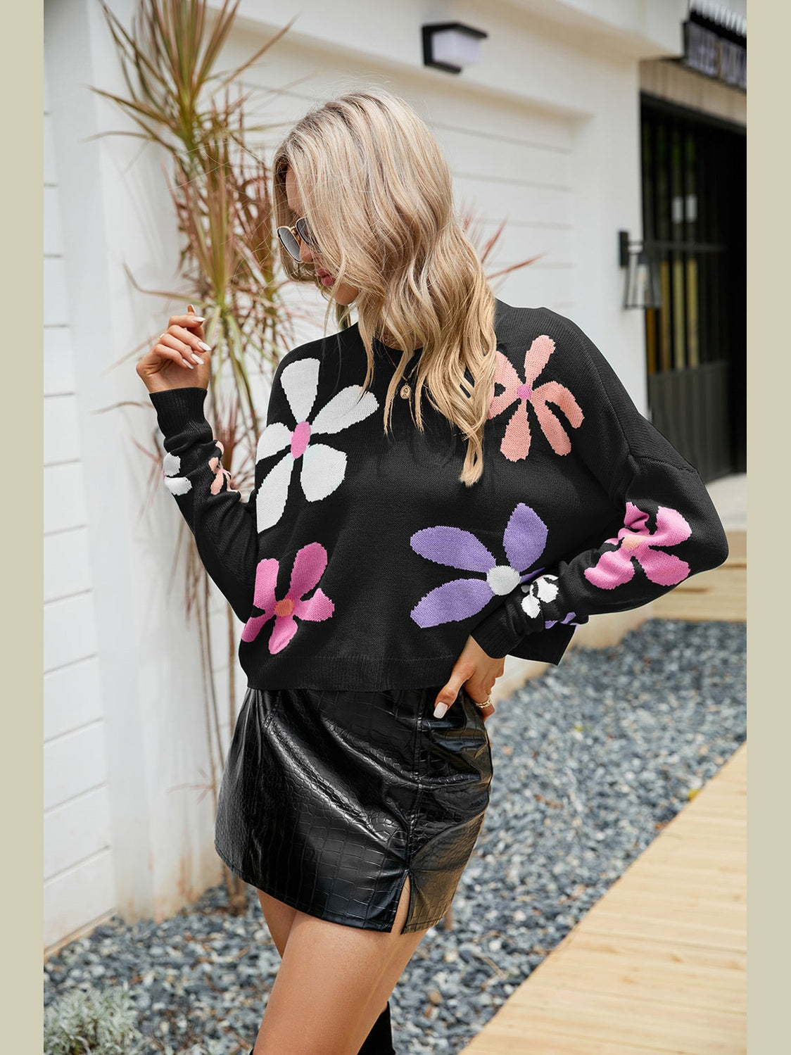 Flower Round Neck Drop Shoulder Sweater Trendsi