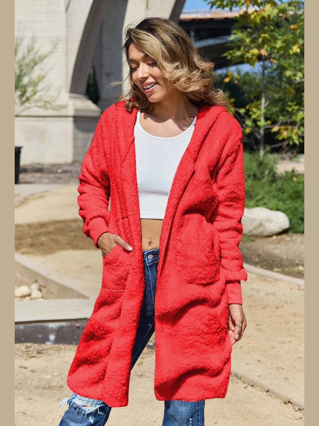 Double Take Full Size Hooded Teddy Bear Jacket with Thumbholes nicholesgifts