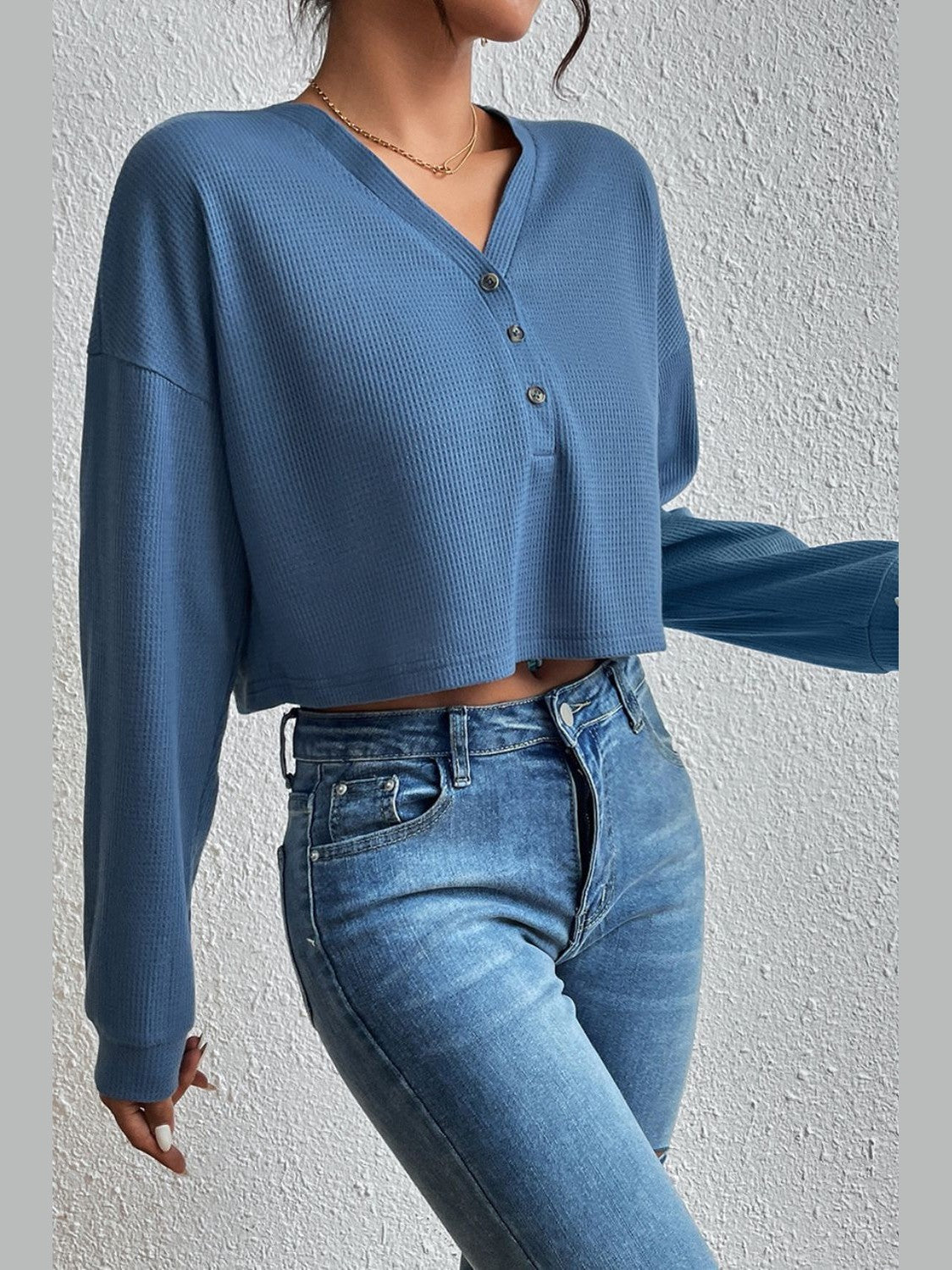 Ivy Lane Cropped V-Neck Raglan Sleeve Buttoned Blouse
