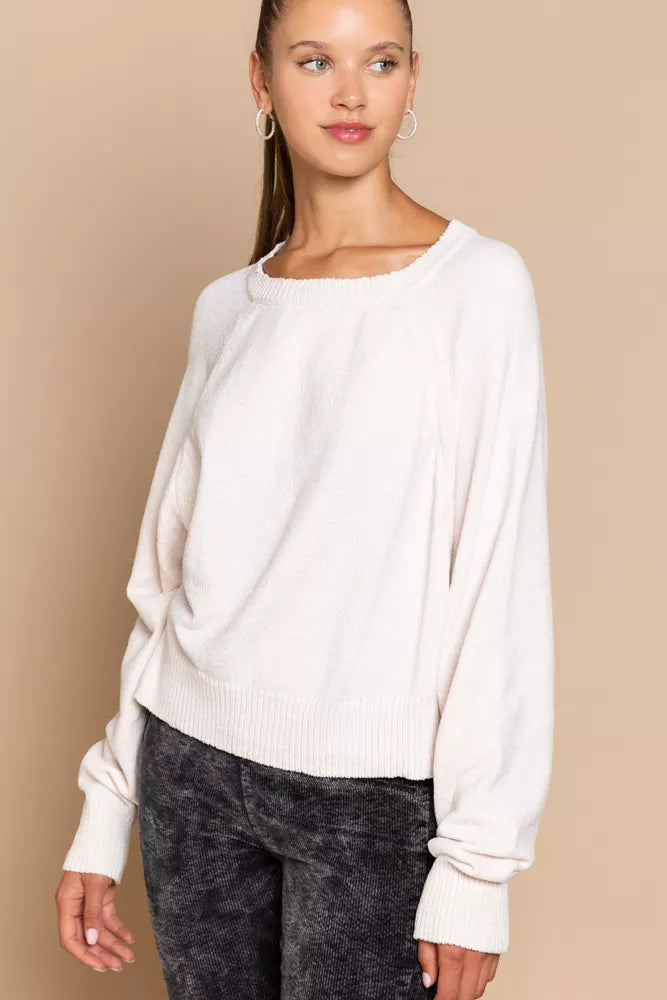 Women Round Neck Backless Sweater with Ribbed Edge