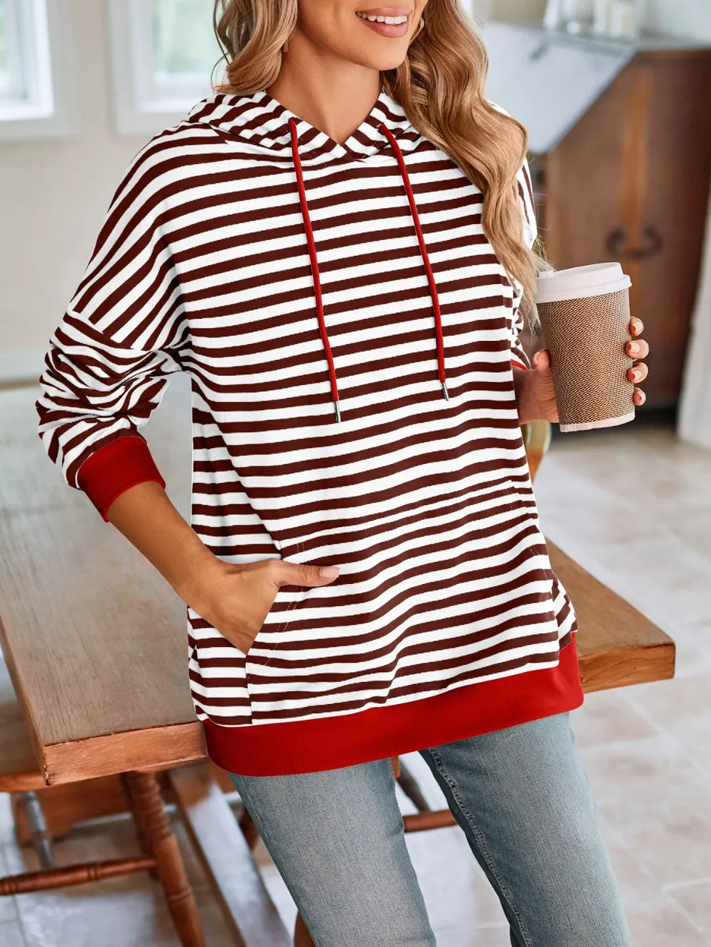 Lovelet Drawstring Striped Long Sleeve Hoodie Trendsi