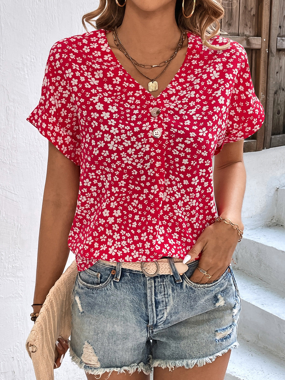 Printed V-Neck Short Sleeve Blouse nicholesgifts