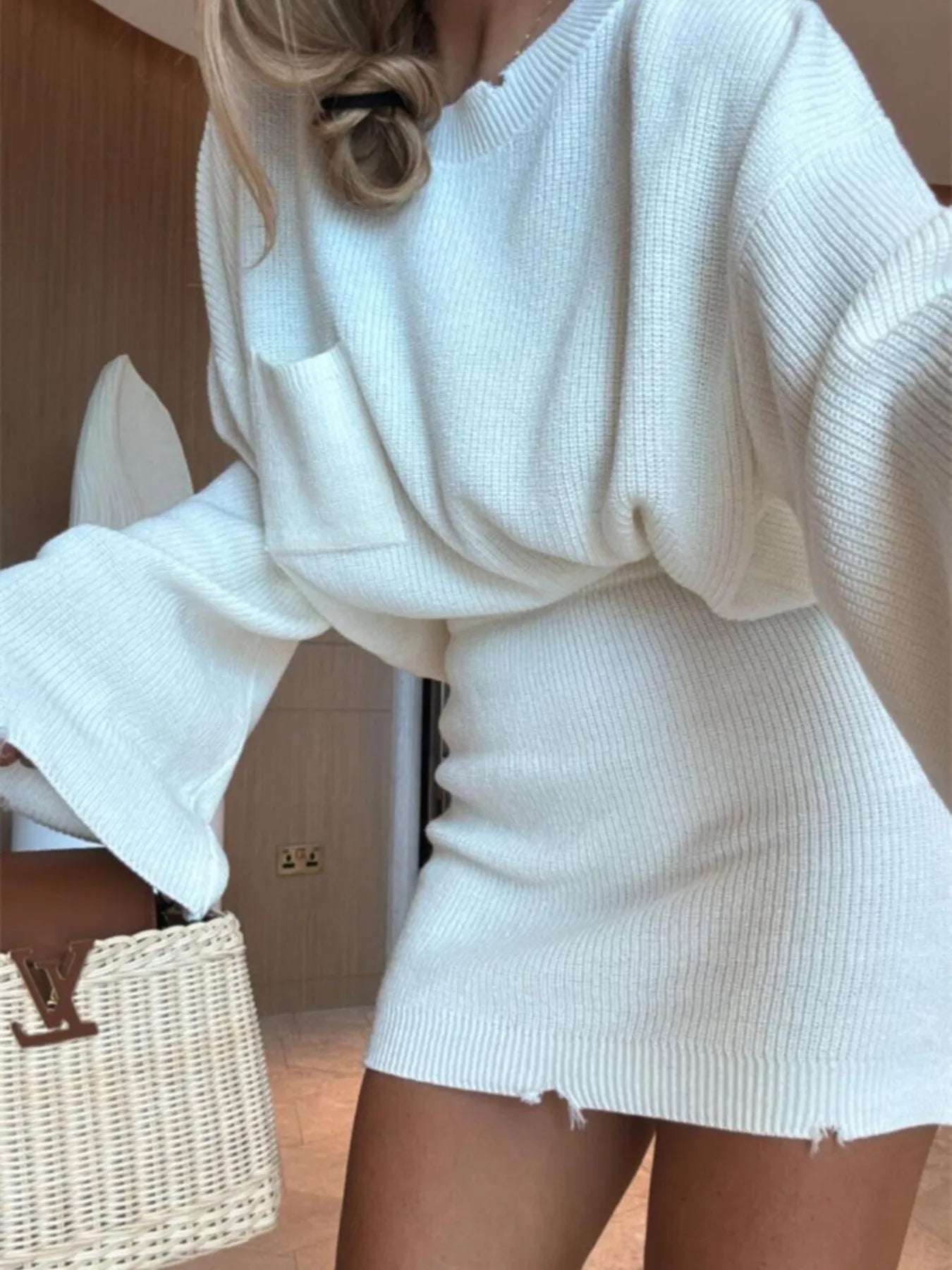 Ribbed Knit Long Sleeve Top and Skirt Sweater Set nicholesgifts
