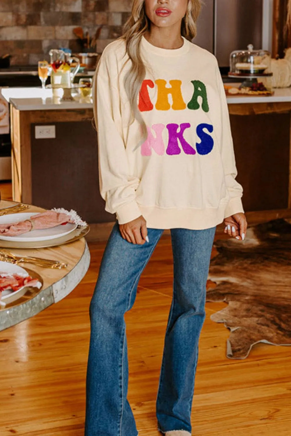 THANKS Round Neck Long Sleeve Sweatshirt Trendsi