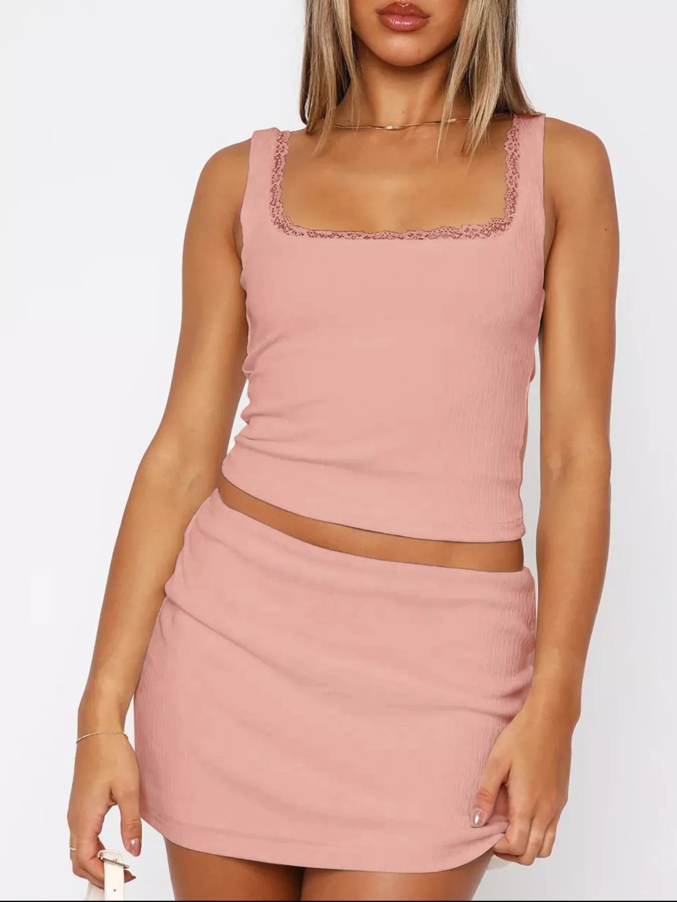 Lace Detail Square Neck Tank and Skirt Set Trendsi