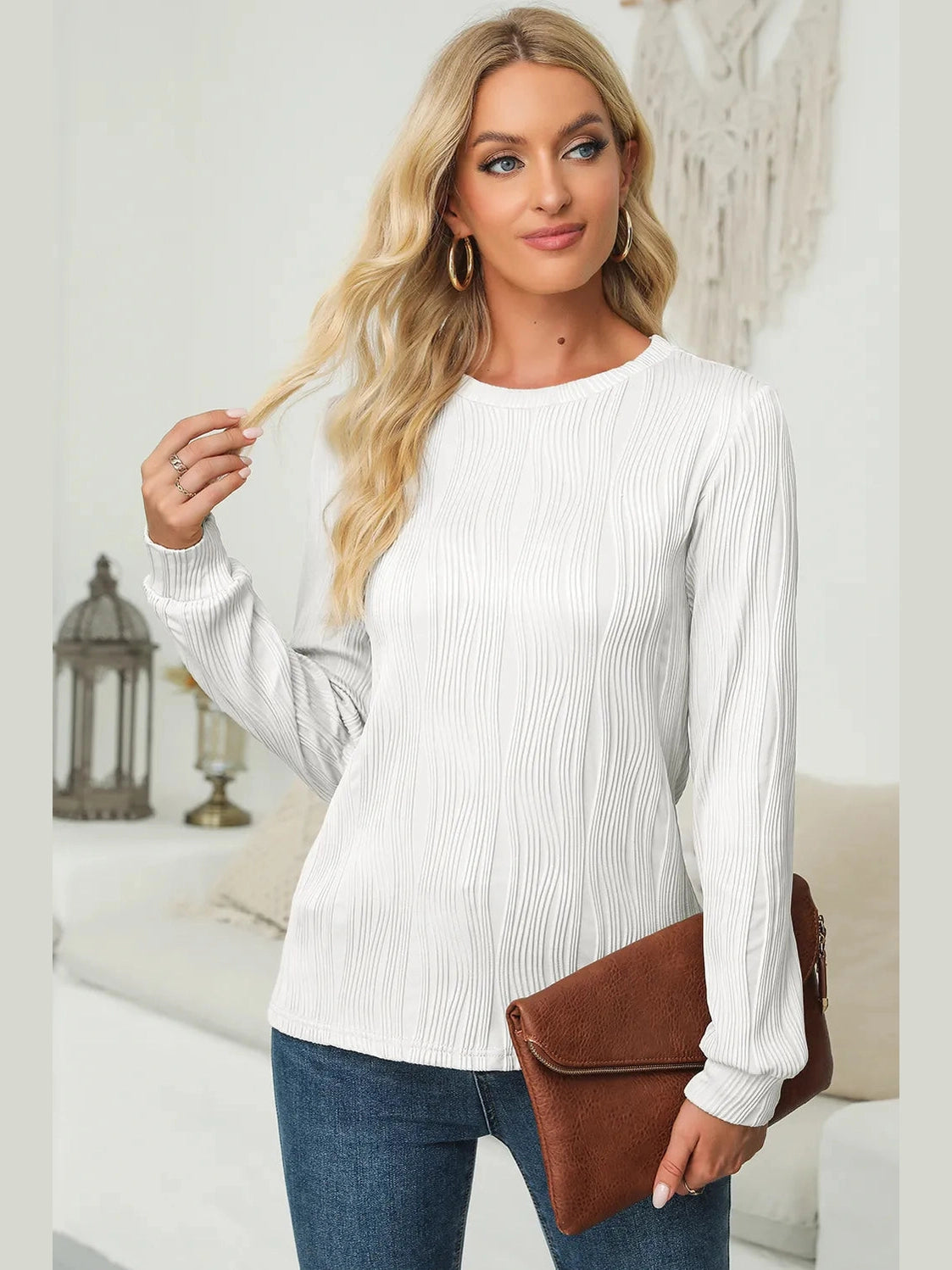 Textured Round Neck Long Sleeve Blouse NicholesGifts