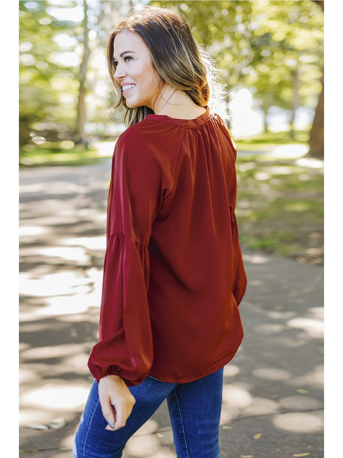 Women Ruched Notched Balloon Sleeve Blouse nicholesgifts