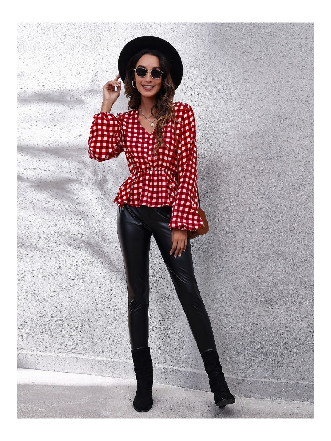 Women Plaid V-Neck Balloon Sleeve Peplum Blouse nicholesgifts