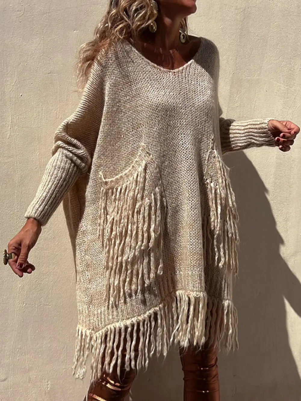 Fringe Detail Long Sleeve Sweater with Pockets Trendsi