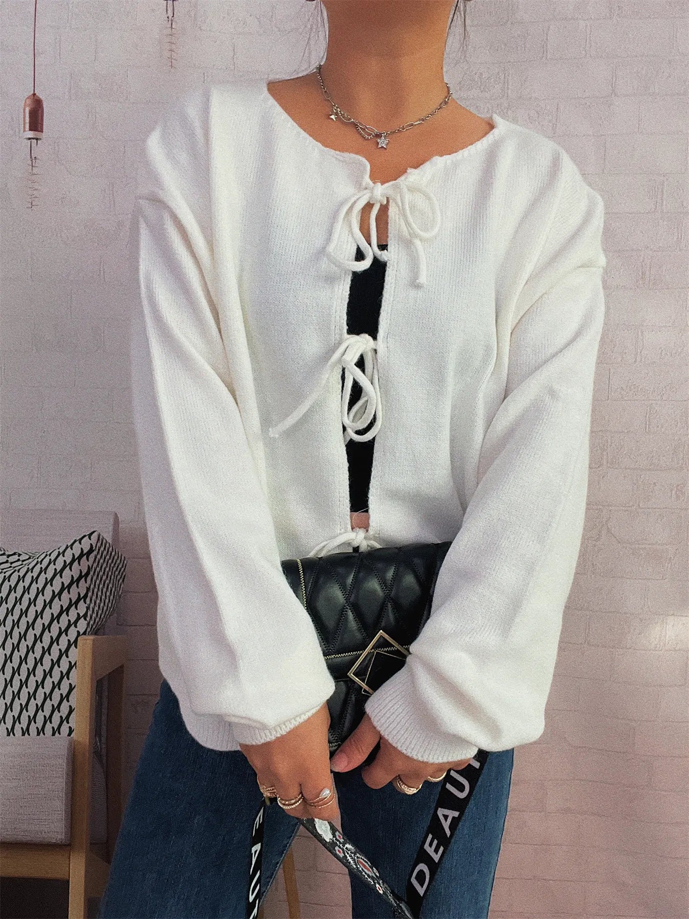 Tie Front Drop Shoulder Cardigan Trendsi