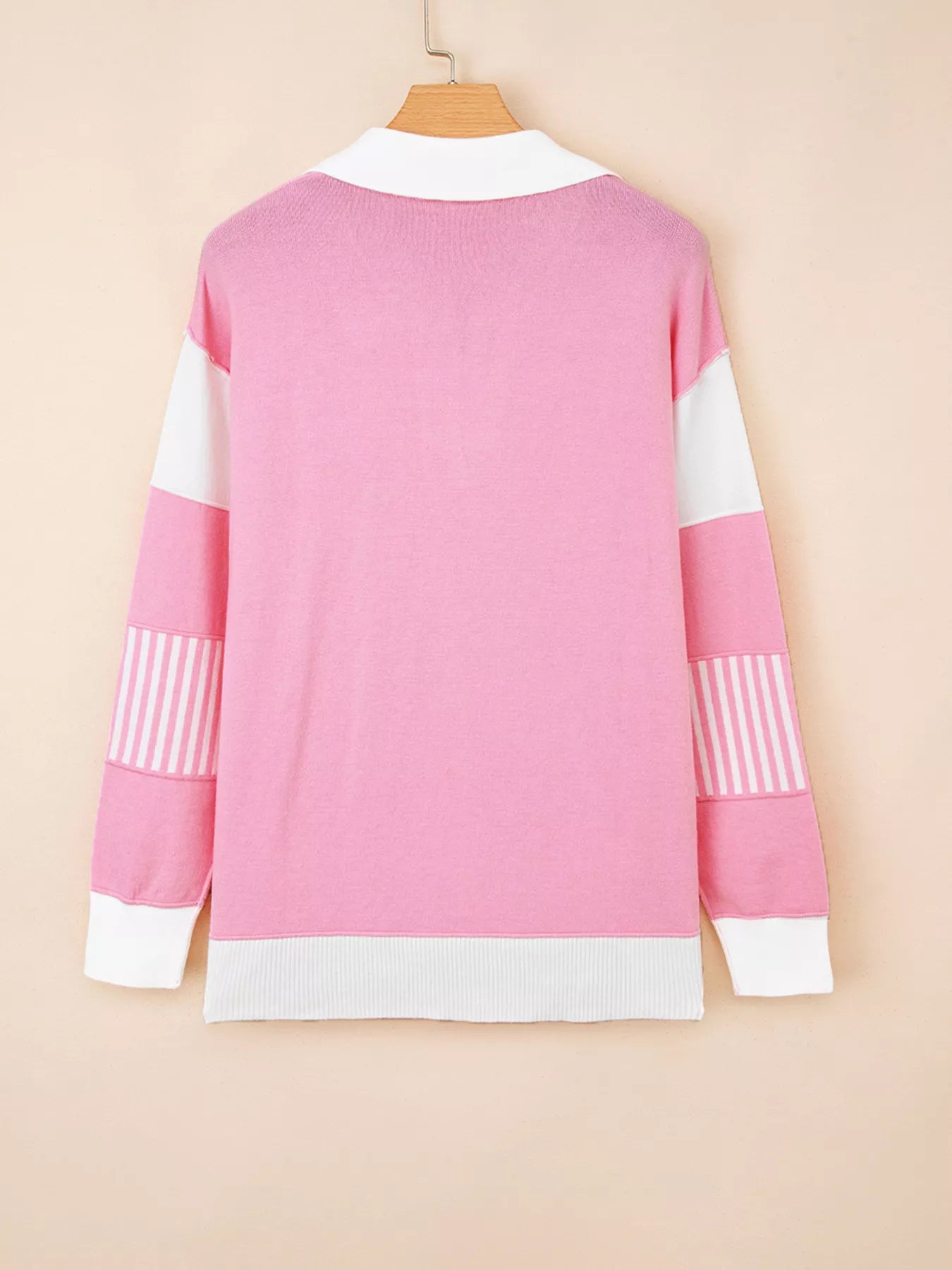Contrasting Polo Collar Color Block Knit Drop Shoulder Sweater Trendsi