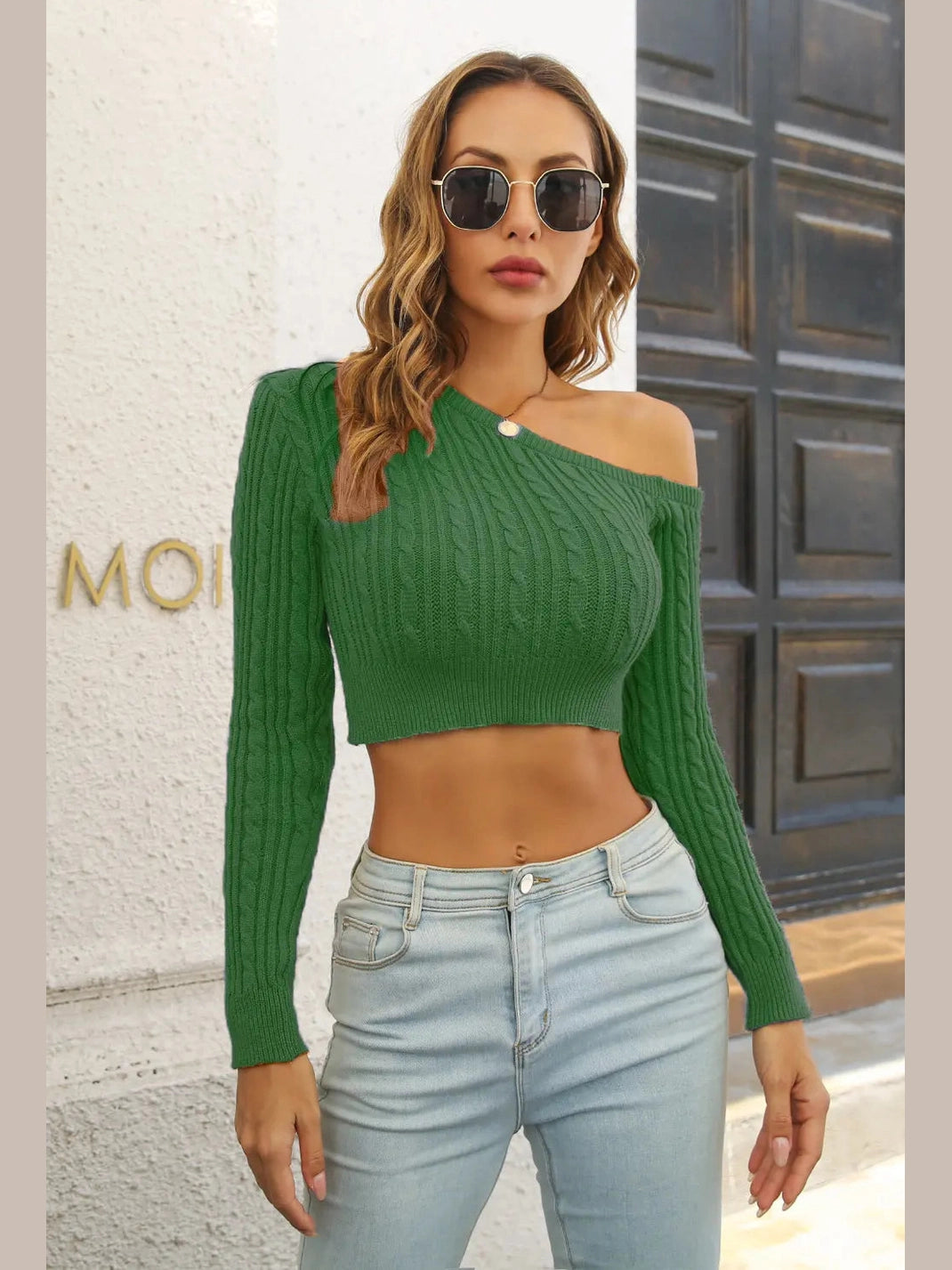 Cable-Knit One Shoulder Long Sleeve Sweater Trendsi