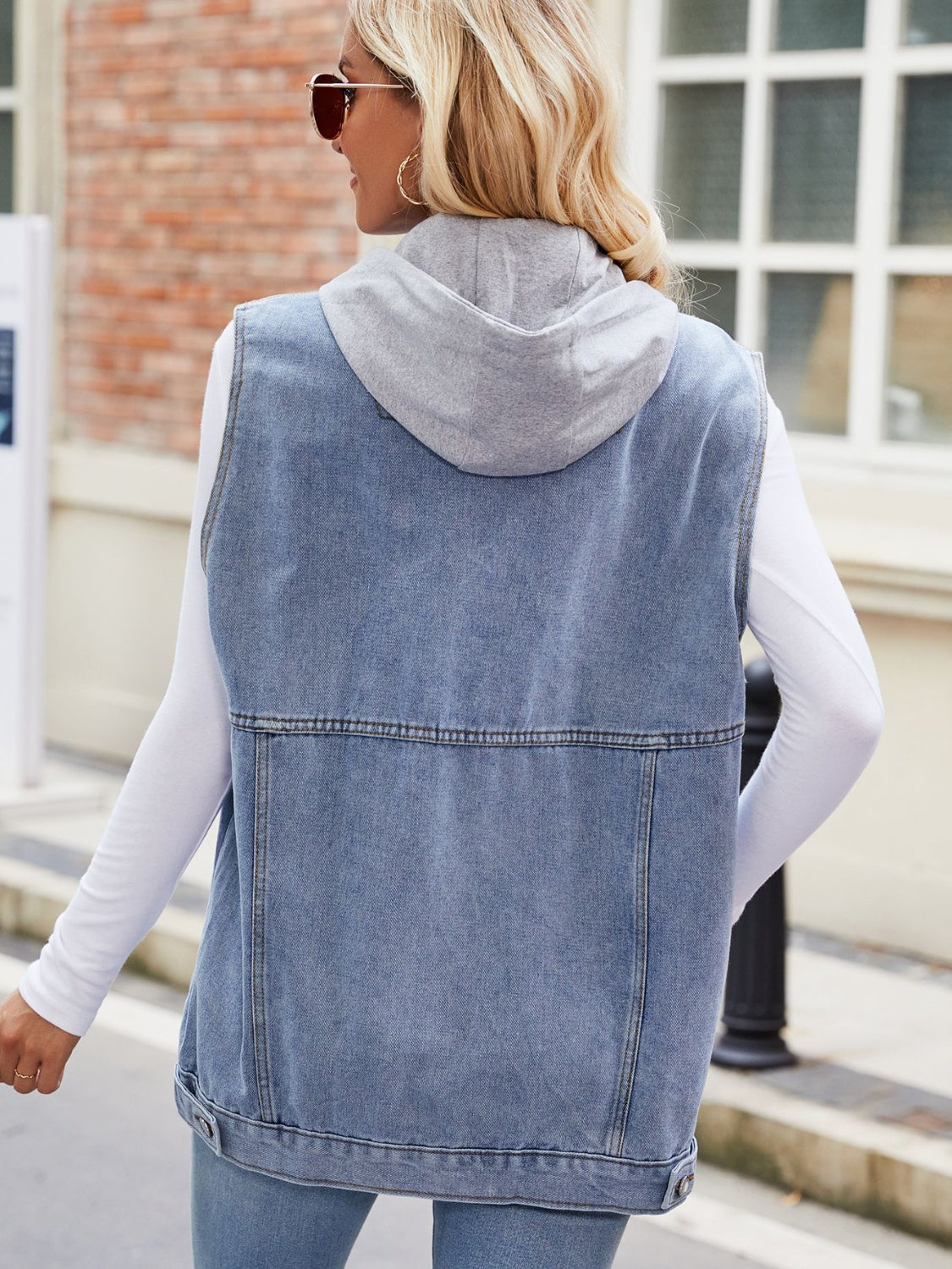 Drawstring Hooded Sleeveless Denim Jacket nicholesgifts