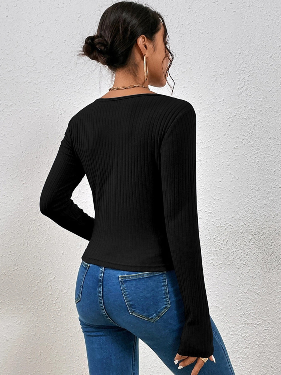 Women Ribbed Crisscross V-Neck Long Sleeve Knit Top nicholesgifts