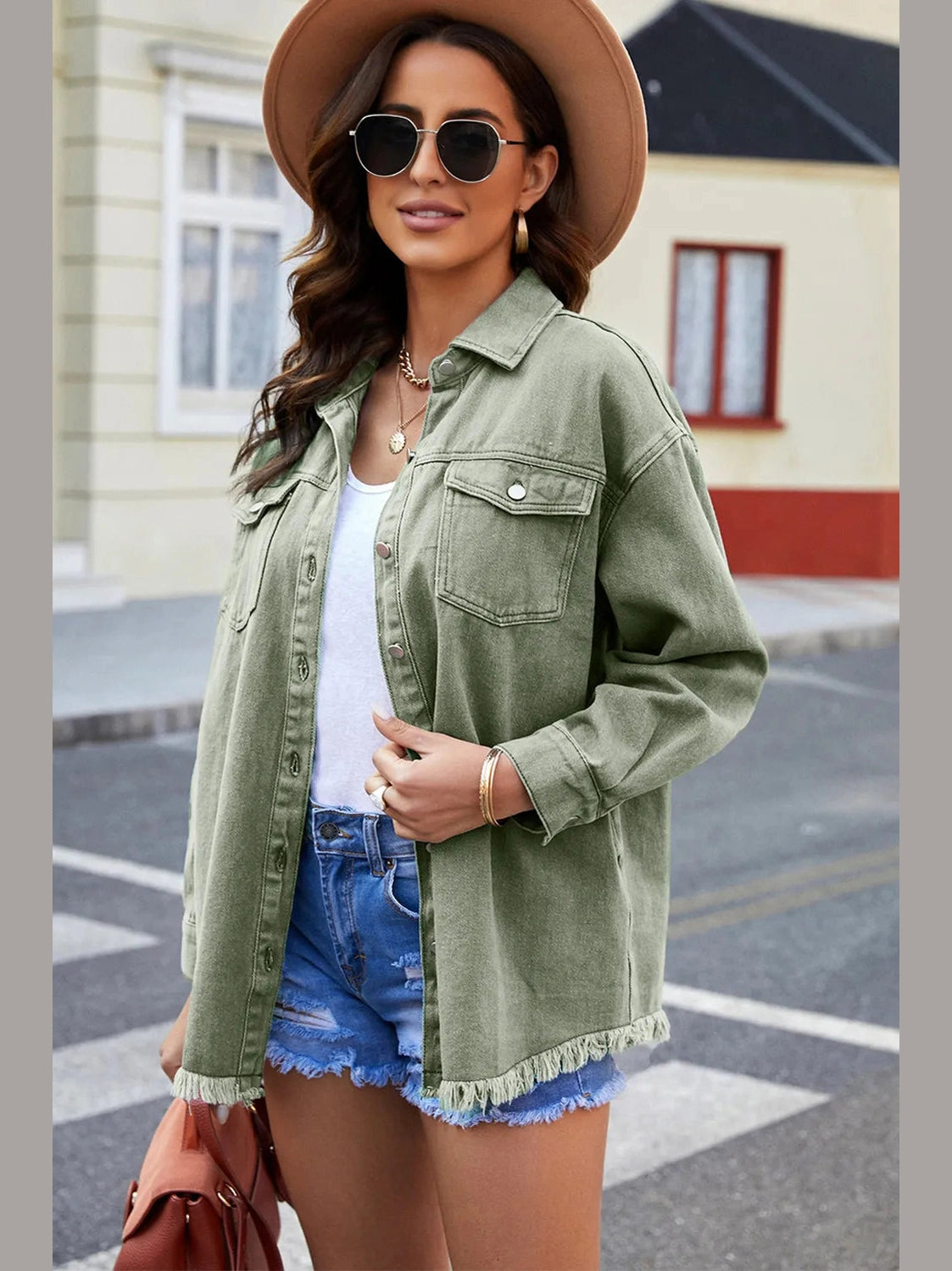 Button Up Pocketed Raw Hem Denim Jacket nicholesgifts