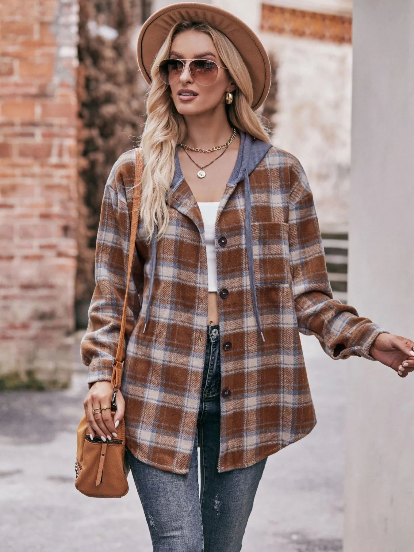 Oversized Plaid Button Up Shacket Trendsi