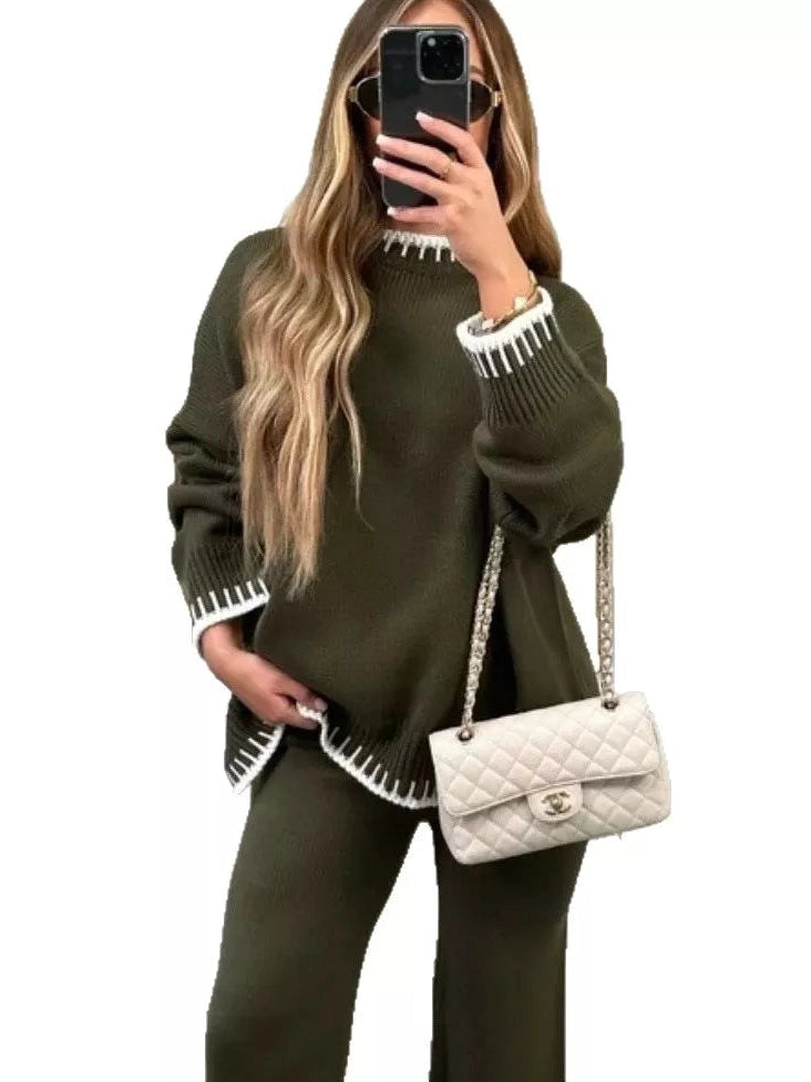 Contrast Trim Round Neck Top and Pants Sweater Set nicholesgifts