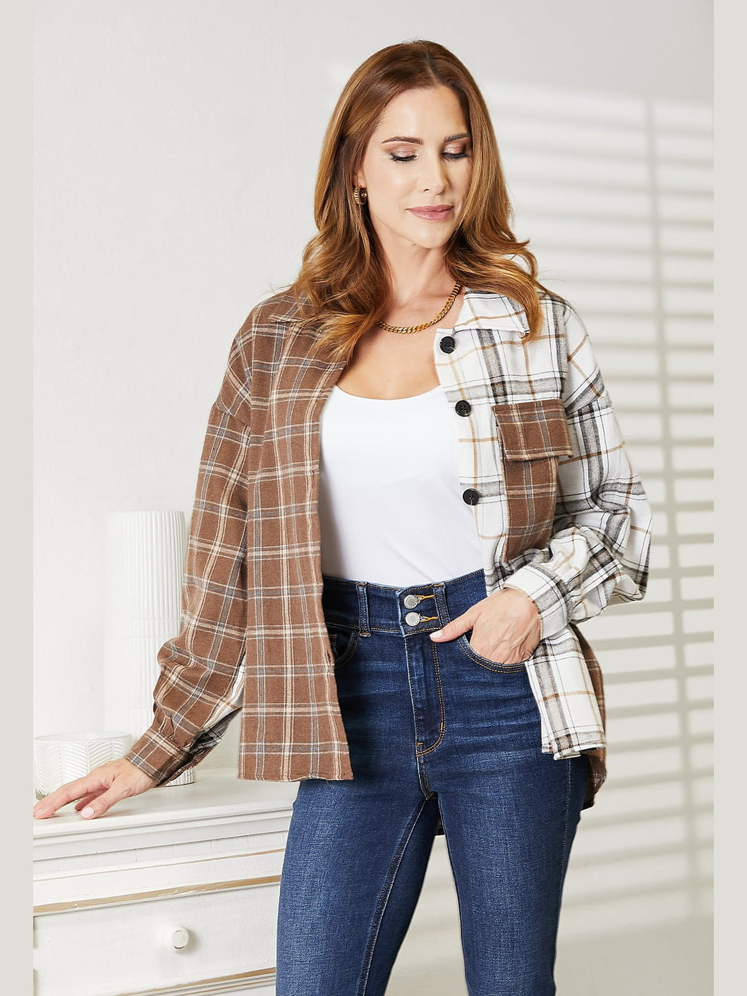 Double Take Plaid Contrast Button Up Shirt Jacket nicholesgifts