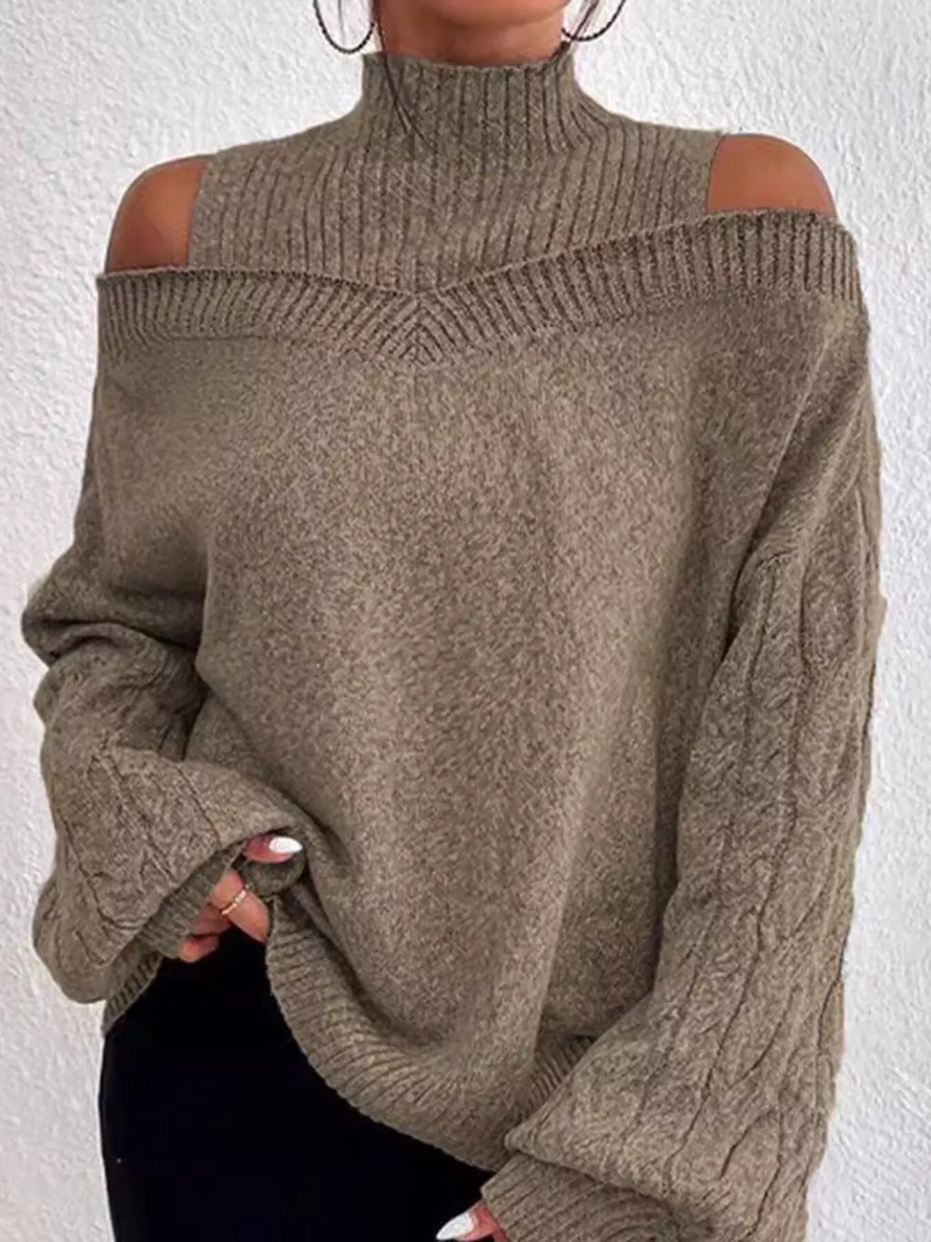 Women Cold Shoulder Turtleneck Sweater nicholesgifts