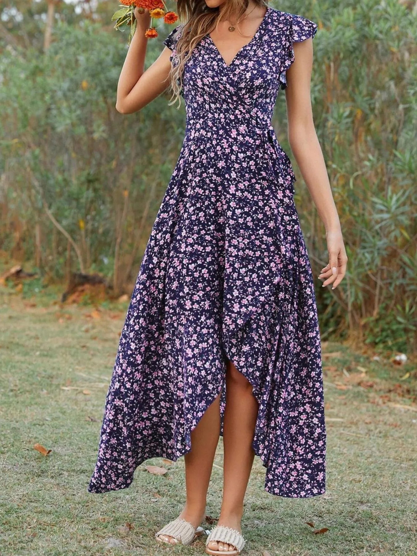 Printed Surplice Ruffle Sleeve Dress NicholesGifts