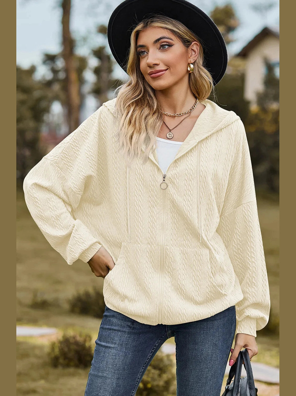 Drawstring Zip Up Dropped Shoulder Hoodie nicholesgifts