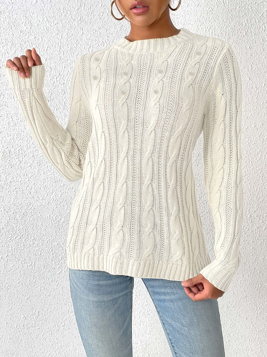 Cable-Knit Round Neck Long Sleeve Sweater nicholesgifts