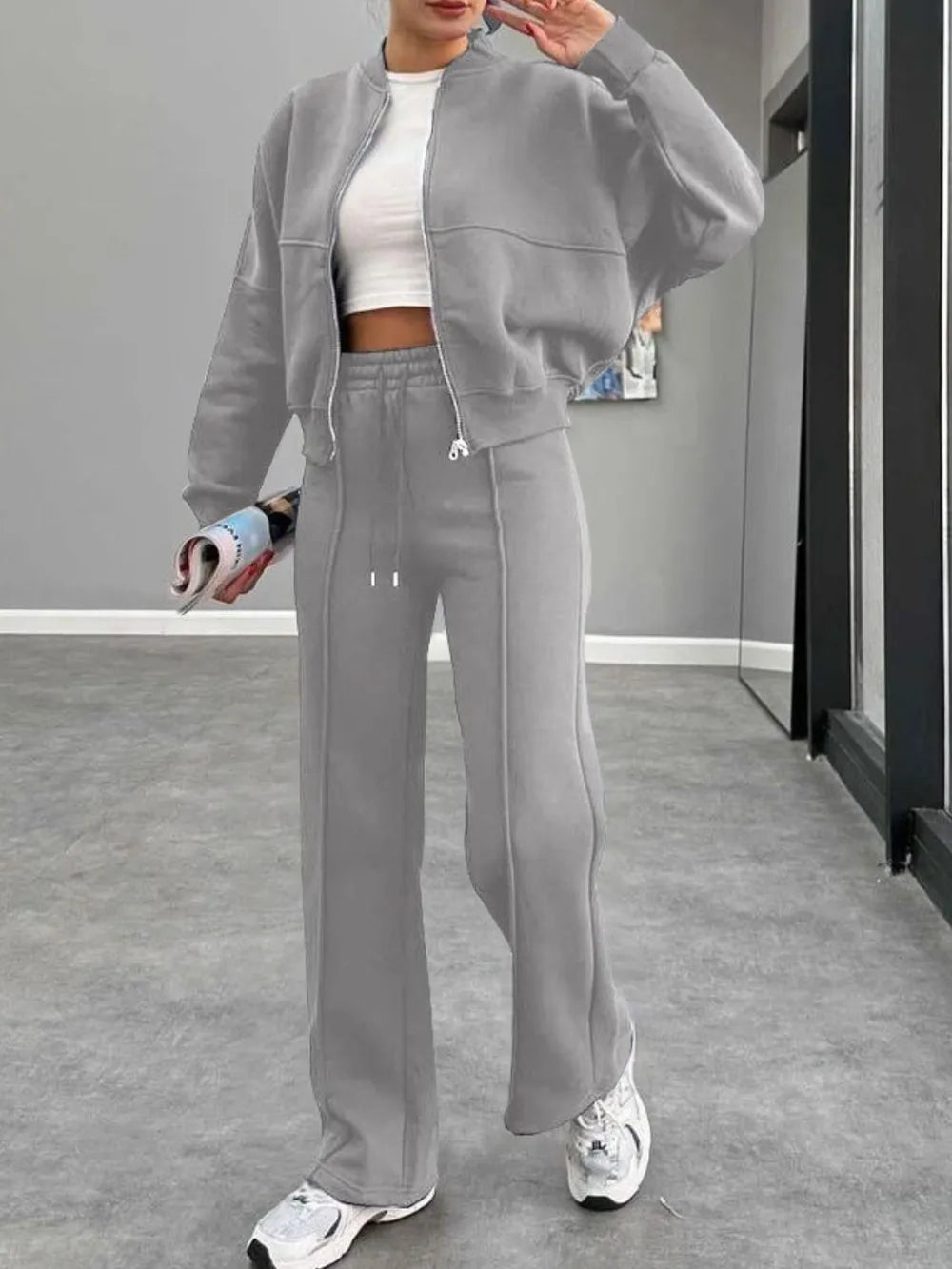 Baseball Collar Zip Up Outerwear and Drawstring Pants Set nicholesgifts