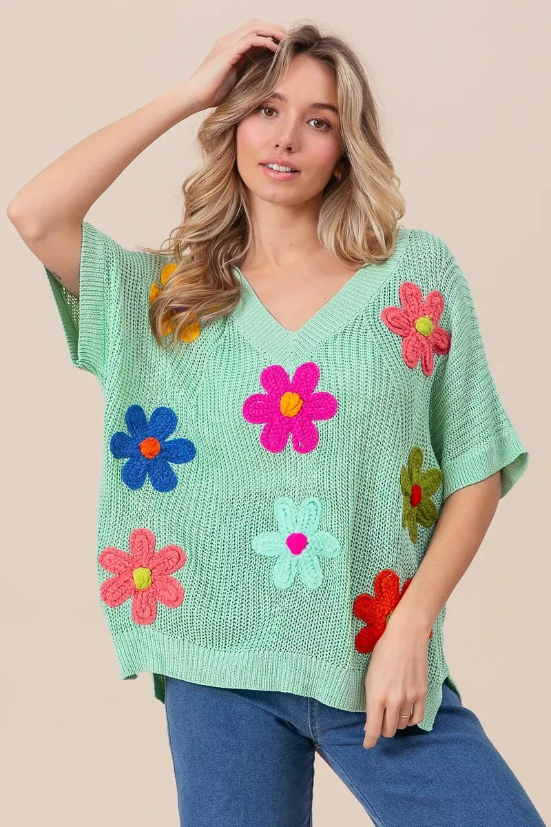 BiBi Flower Patches Dolman Sleeve Lightweight Sweater