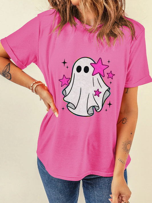 Women Ghost Graphic Halloween Round Neck T Shirt nicholesgifts