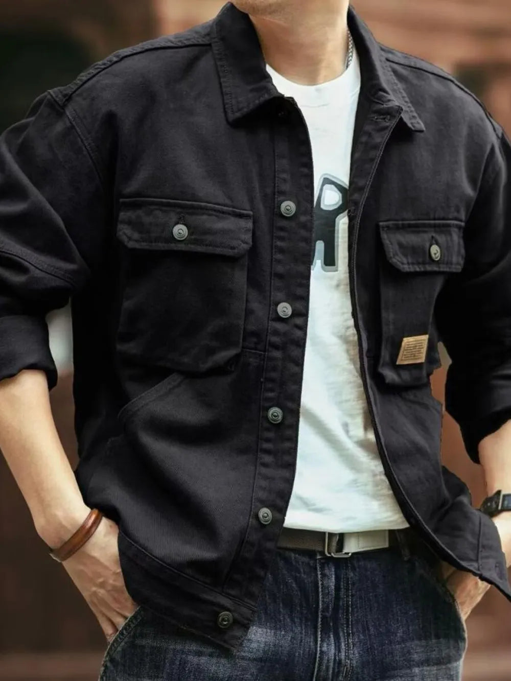 Men's Washed Collared Neck Cargo Jacket Trendsi