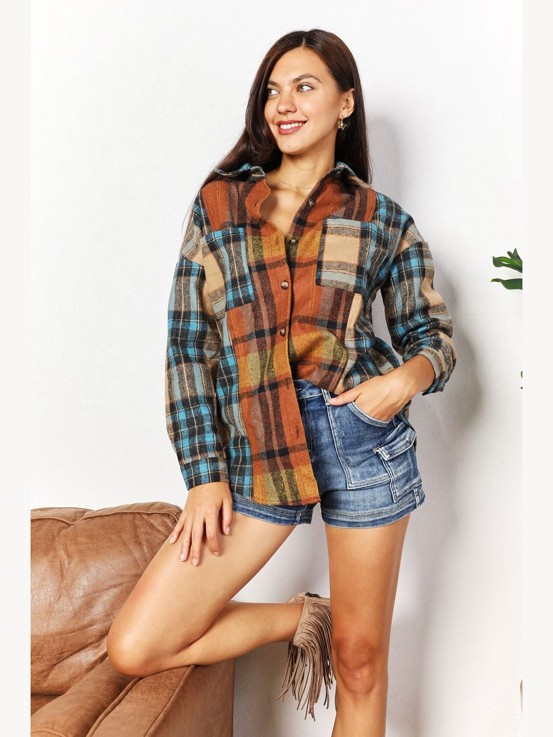 Double Take Plaid Curved Hem Shirt Jacket with Breast Pockets nicholesgifts