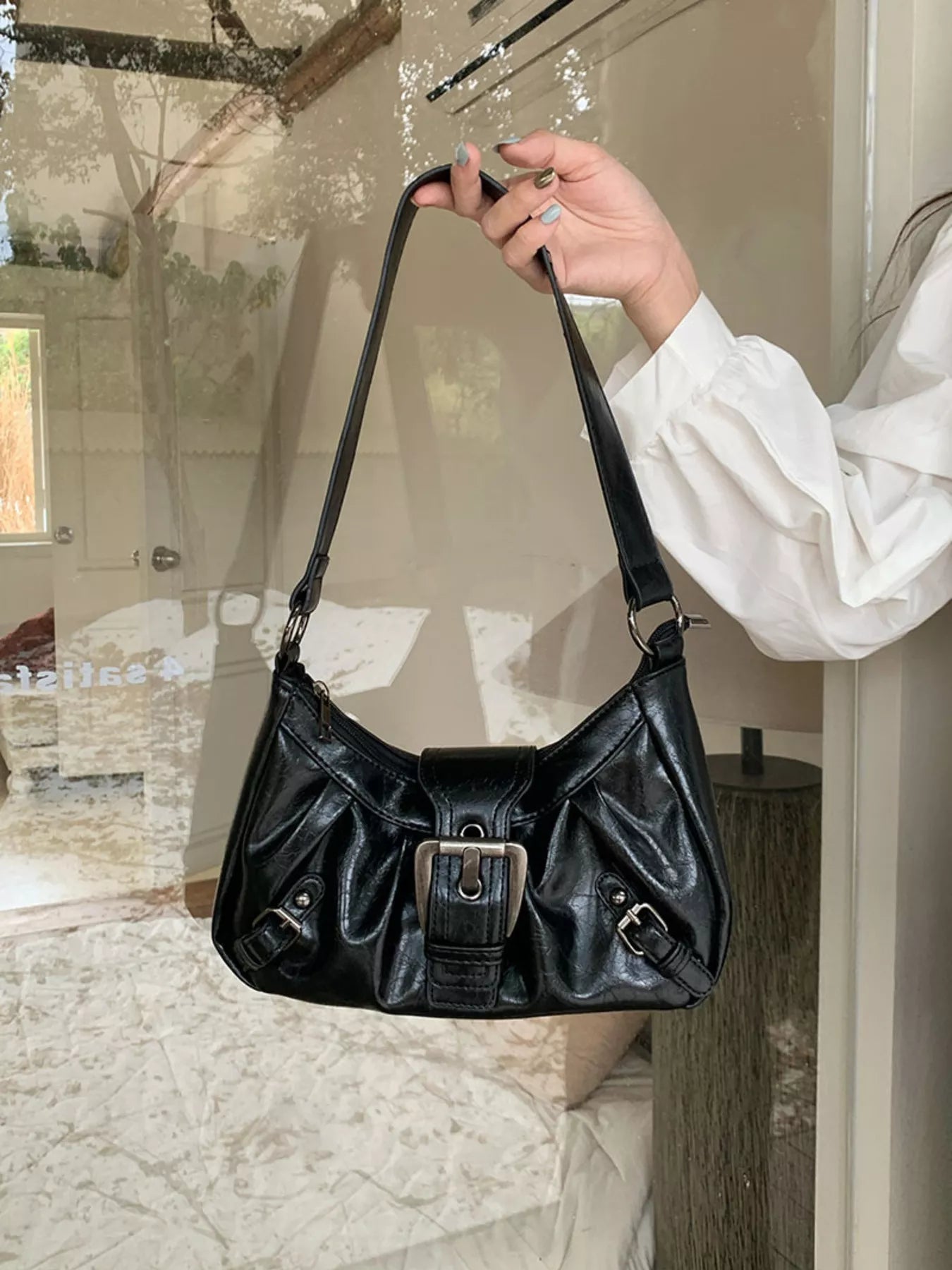 Buckle Decor Ruched Shoulder Bag nicholesgifts