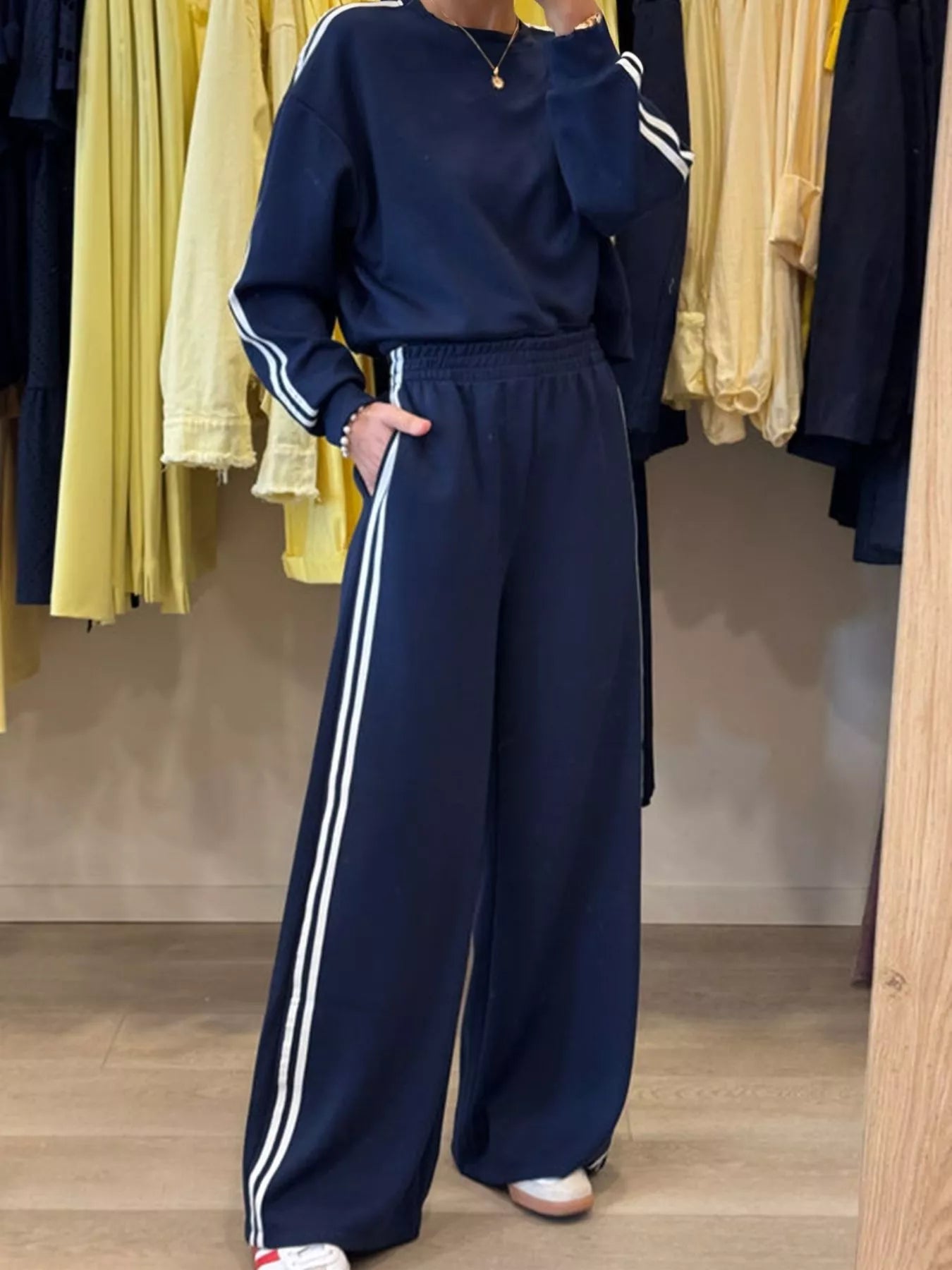 Striped Detail Crewneck Top and Elastic Sweatpants 2pcs Set Trendsi