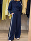 Women Striped Detail Crewneck Top and Elastic Sweatpants 2pcs Set nicholesgifts