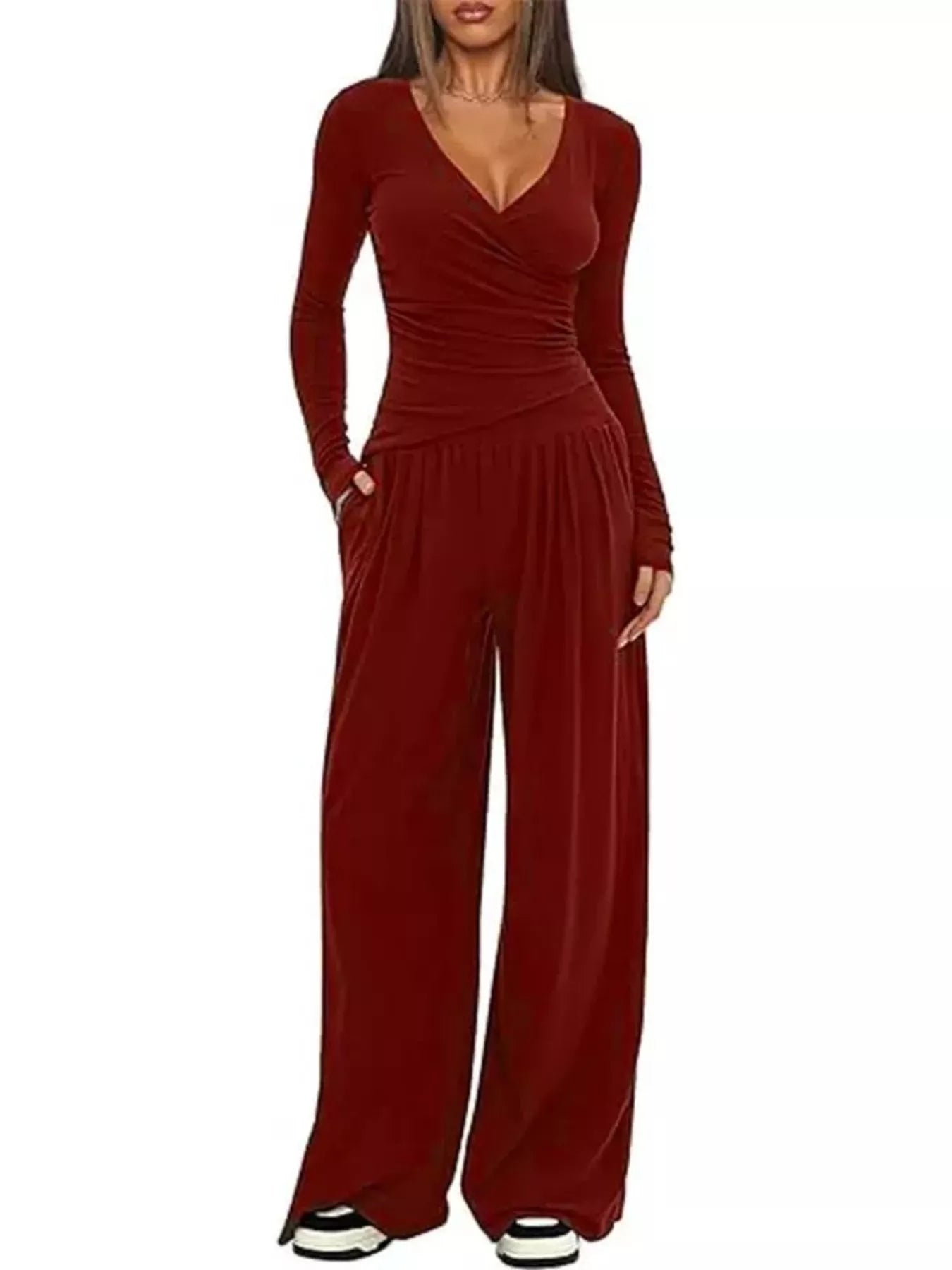 Casual Long Sleeve Top and Wide Leg Pants Set nicholesgifts
