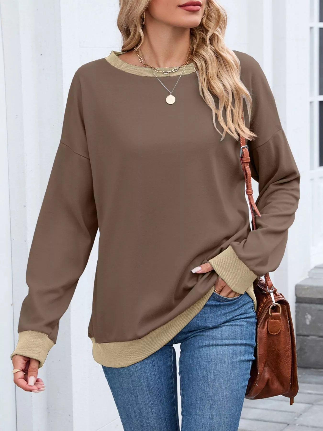 Contrast Trim Long Sleeve Sweatshirt Trendsi