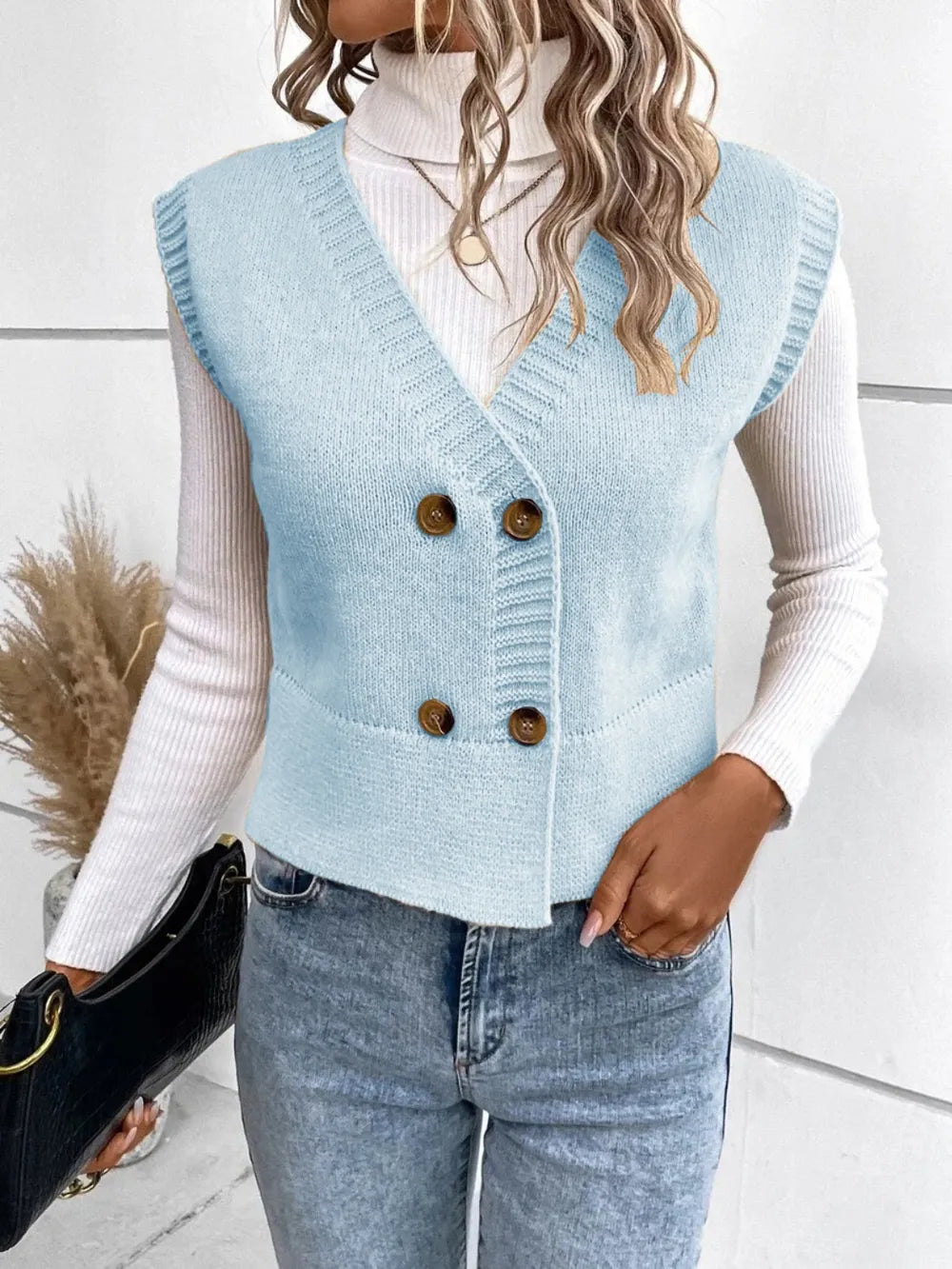 Full Size Button Up V-Neck Sweater Vest nicholesgifts