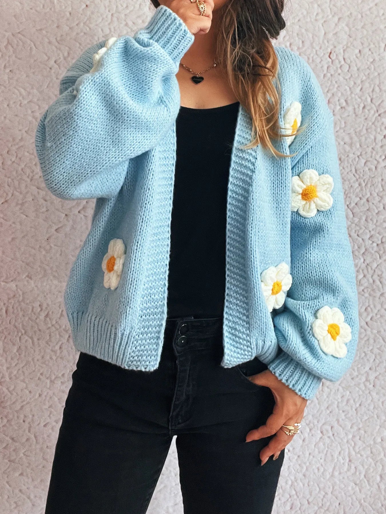 Flower Open Front Long Sleeve Cardigan