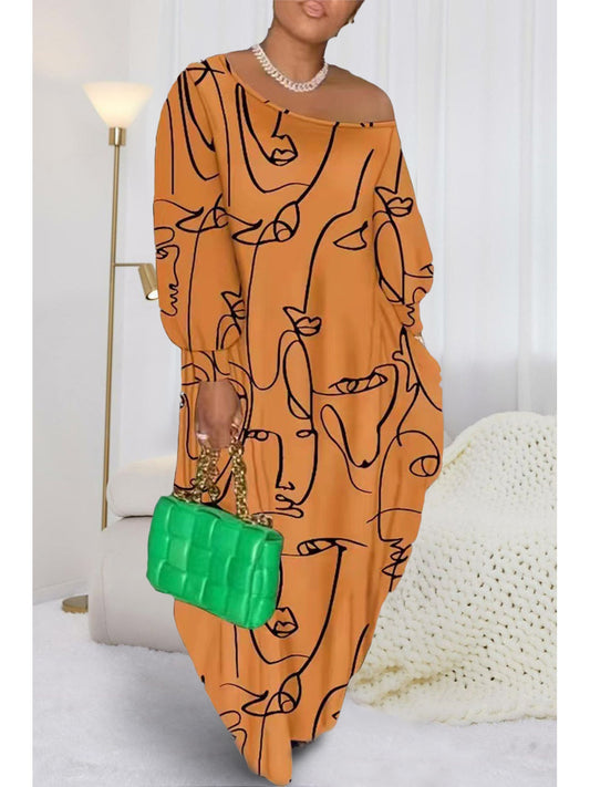 Printed Single Shoulder Lantern Sleeve Maxi Dress nicholesgifts