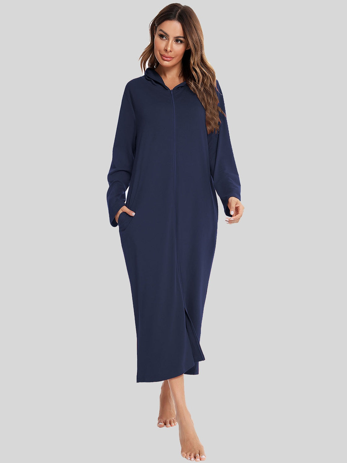 Zip Front Hooded Night Dress with Pockets nicholesgifts