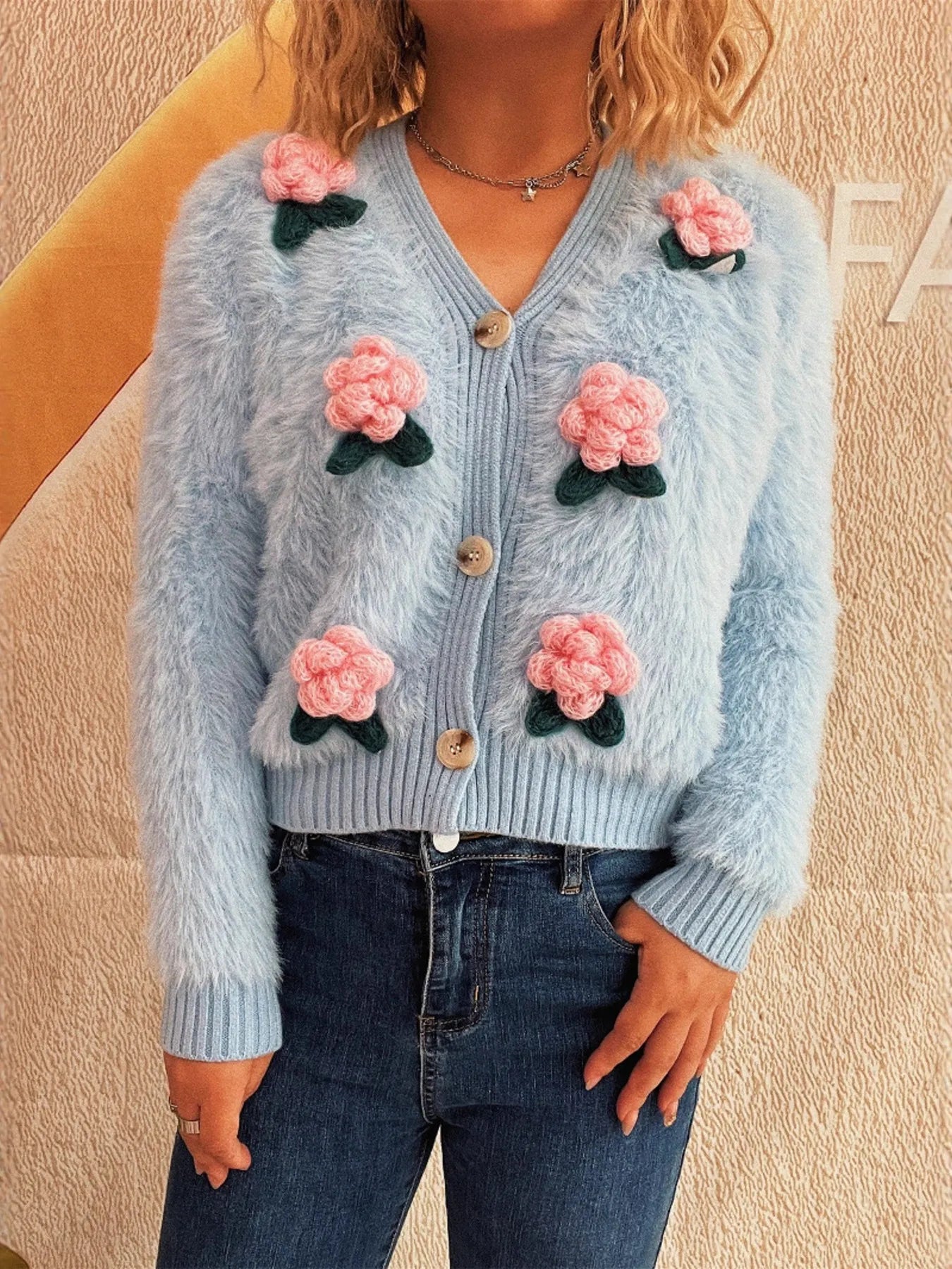 Flower Fuzzy Button-Up Cardigan