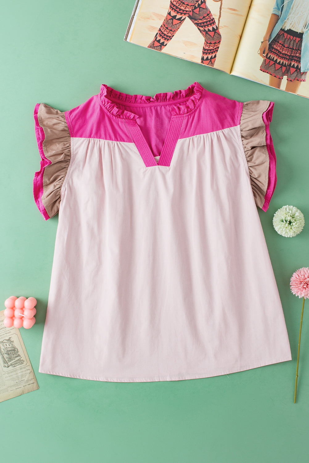 Ruffled Color Block Notched Cap Sleeve Blouse nicholesgifts