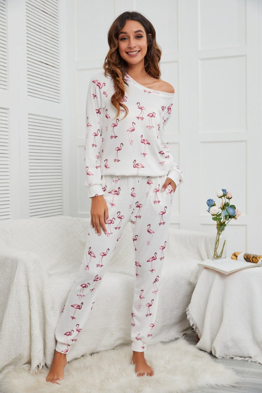 Flamingo Long Sleeve Top and Pants Lounge Set NicholesGifts